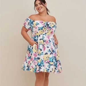 Torrid 1X Floral White Mini Gauze Off, Shoulder Puff Sleeve Skater Dress
